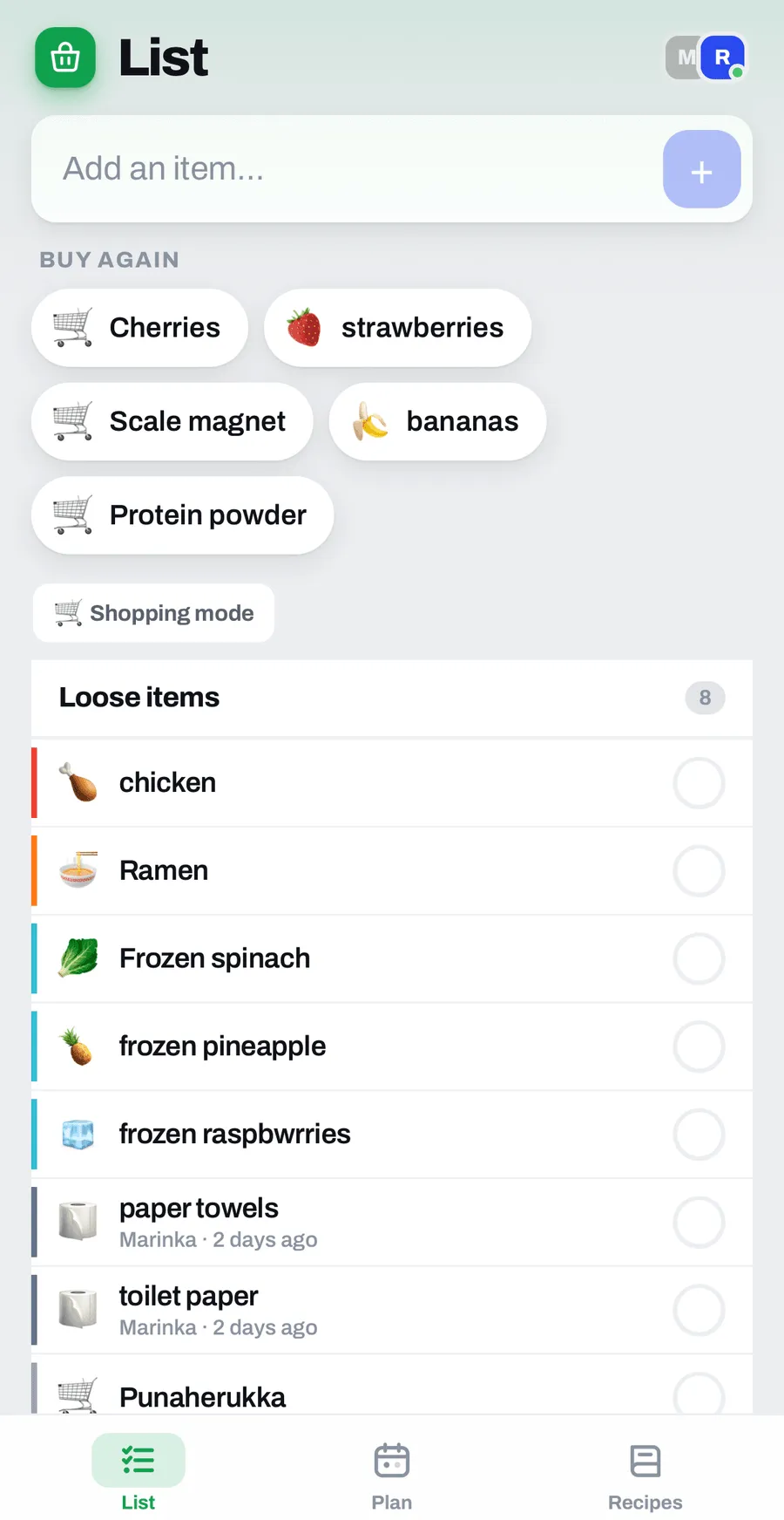 Kori's shopping list: items grouped and color-coded by aisle, each with a tick circle, plus a row of Buy Again shortcuts.