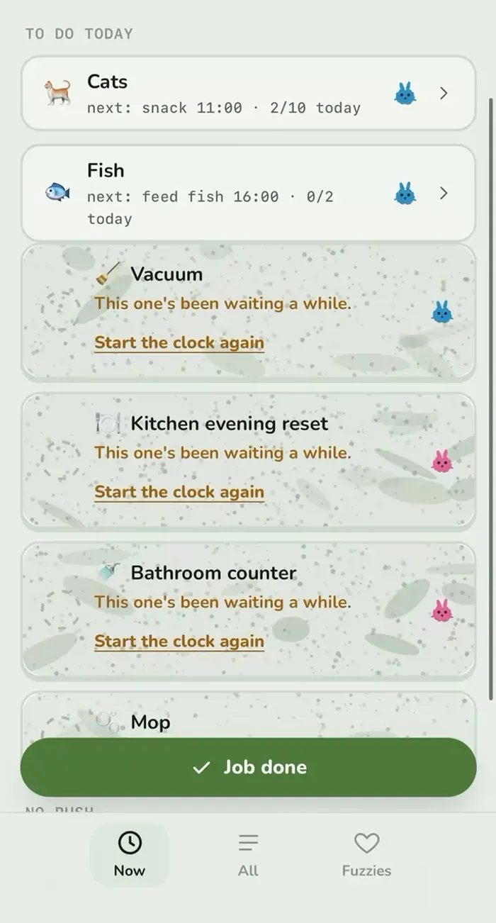 The chore list, where waiting jobs are speckled with dust. A finger wipes across one and the dust clears to reveal a clean card.